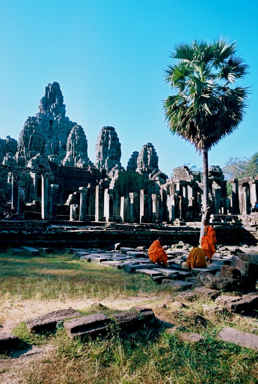 Monks in saffron robes among the temples of Angkor.