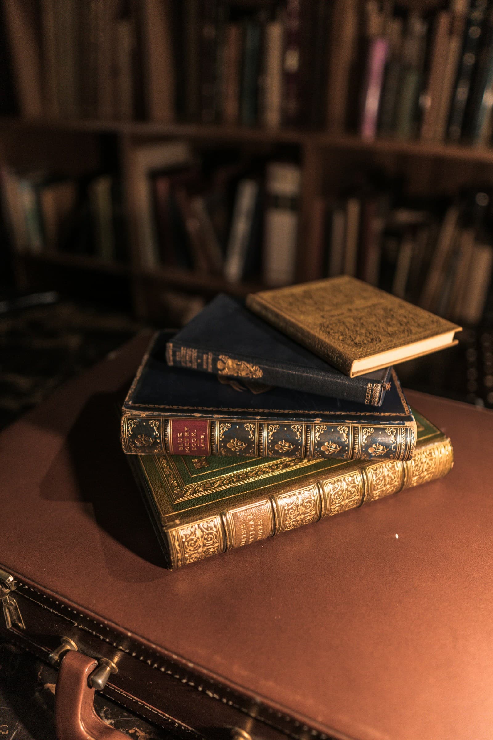 A leather-bound book resting on a warm wooden table.
